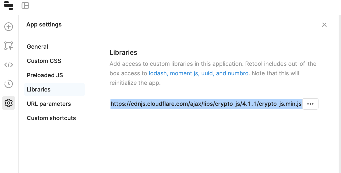 Adding custom libraries in Retool screenshot.
