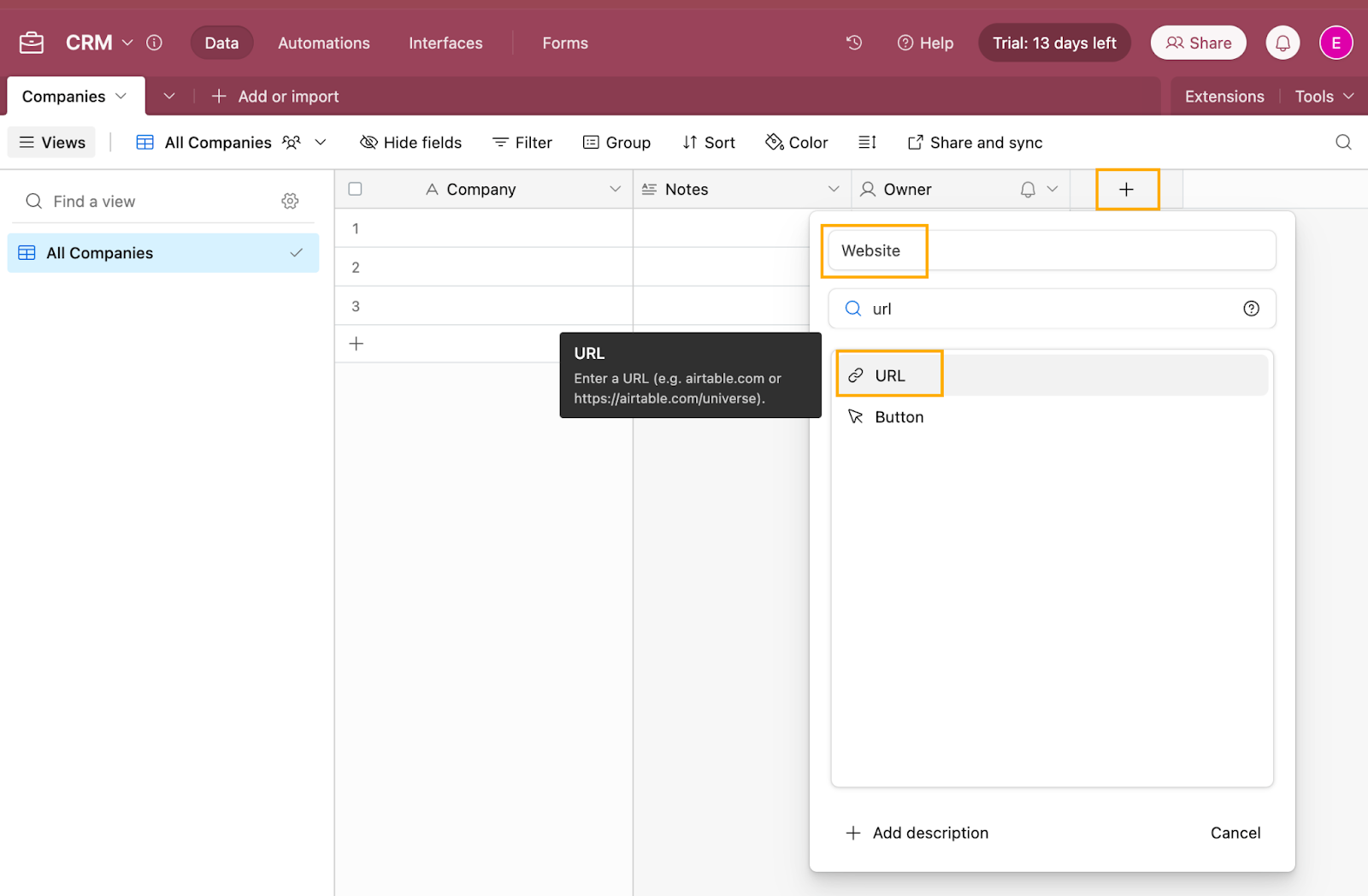 Airtable create URL field