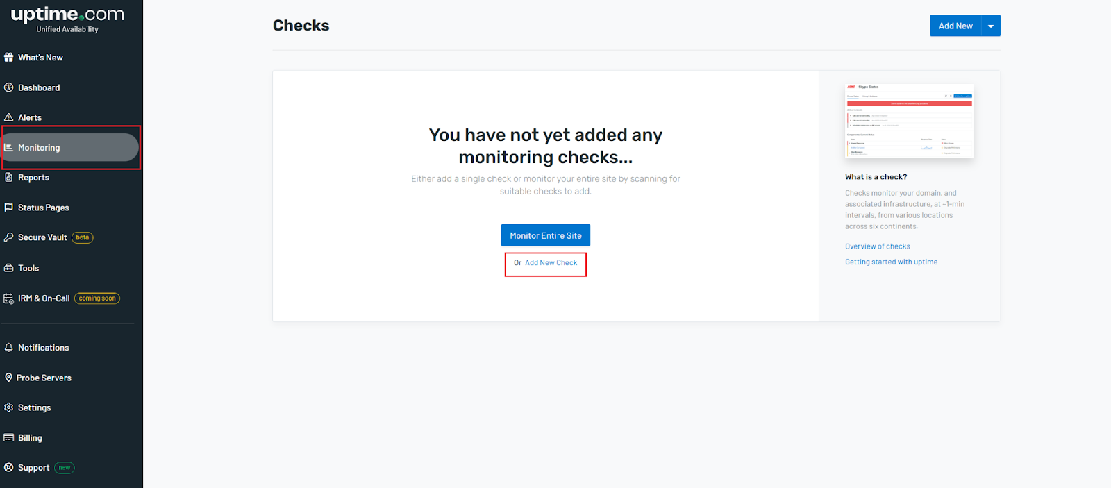 The Monitoring Check user interface in Uptime.com.