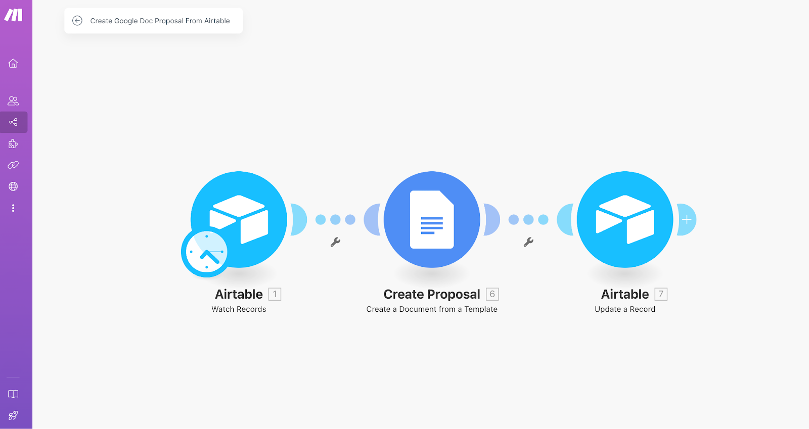 Make workspace showing workflow from Airtable CRM to generating proposals.