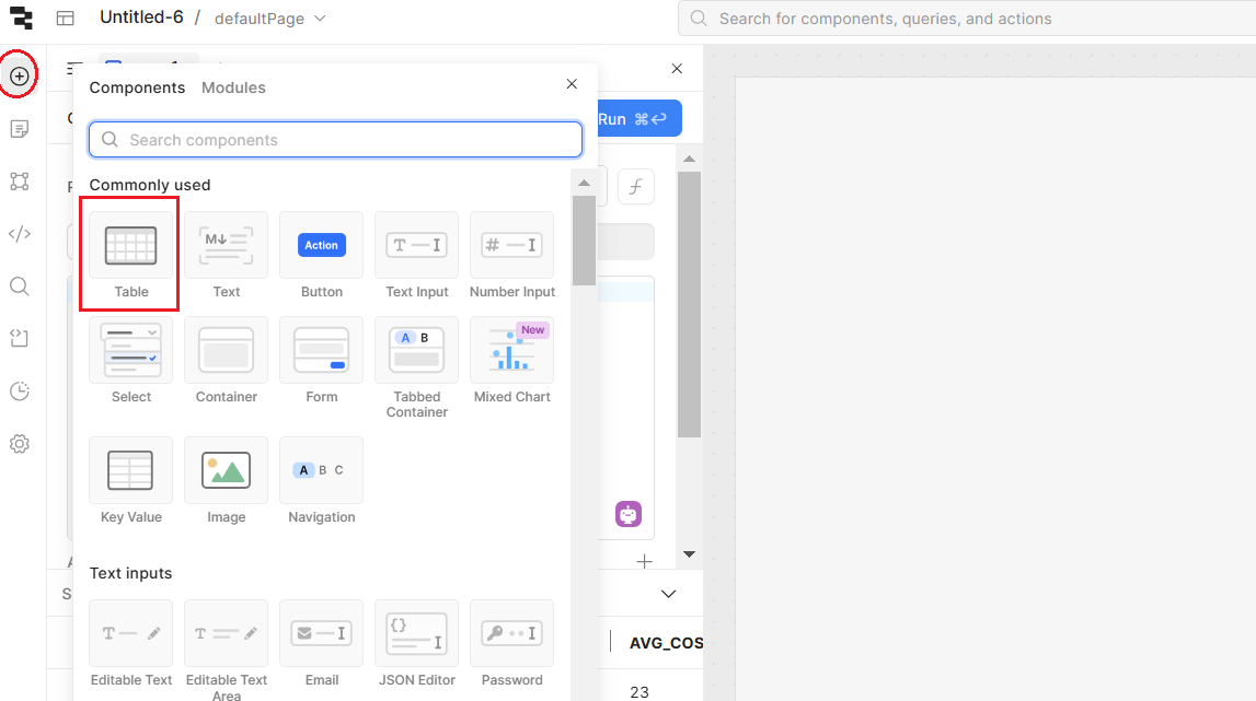 The Components panel within Retool, with the Table component chosen.