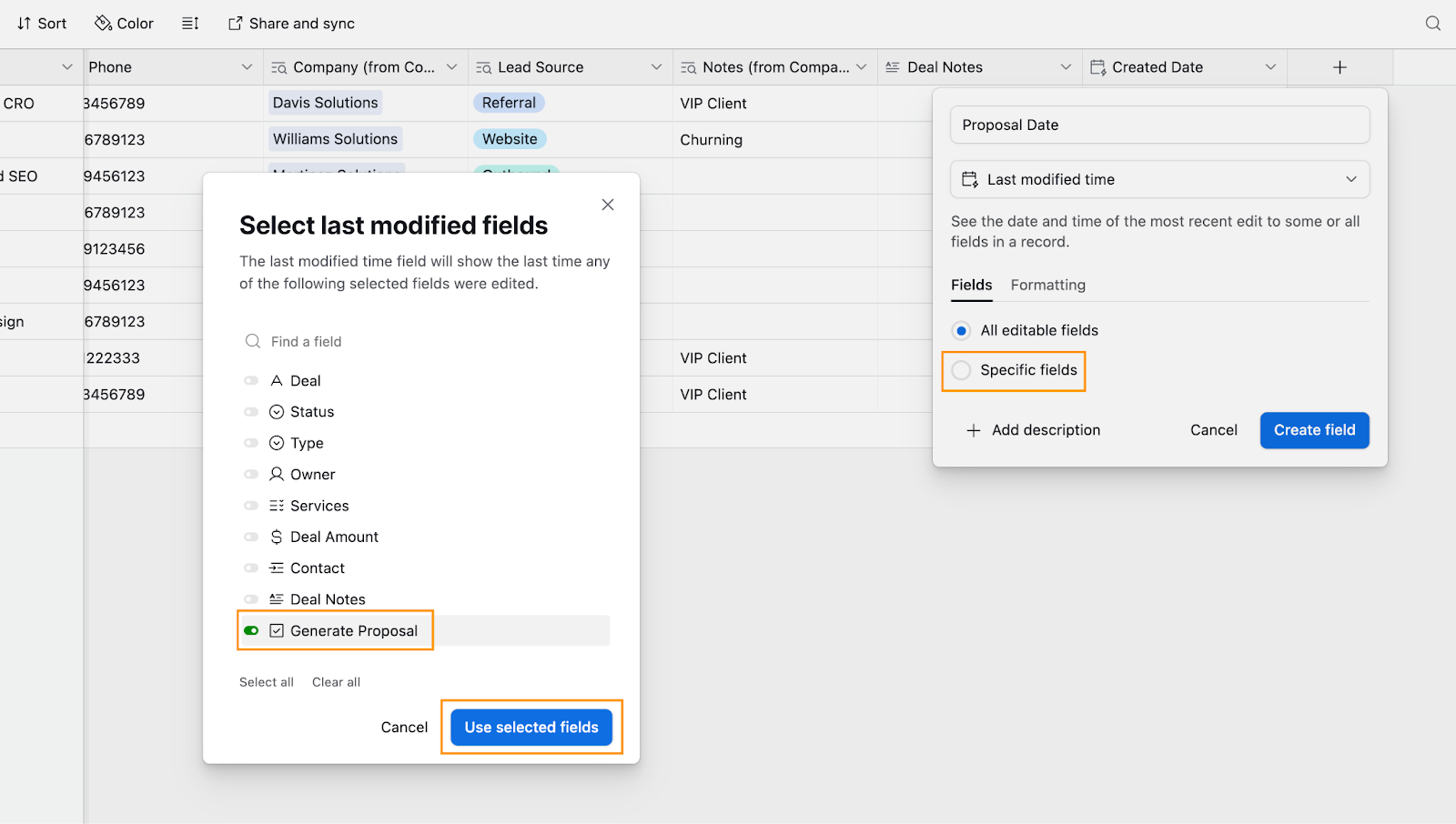 Make page for creating a project timeframe with dialogue boxes for adding a Last Modified Time field with Generate Proposal as the trigger.