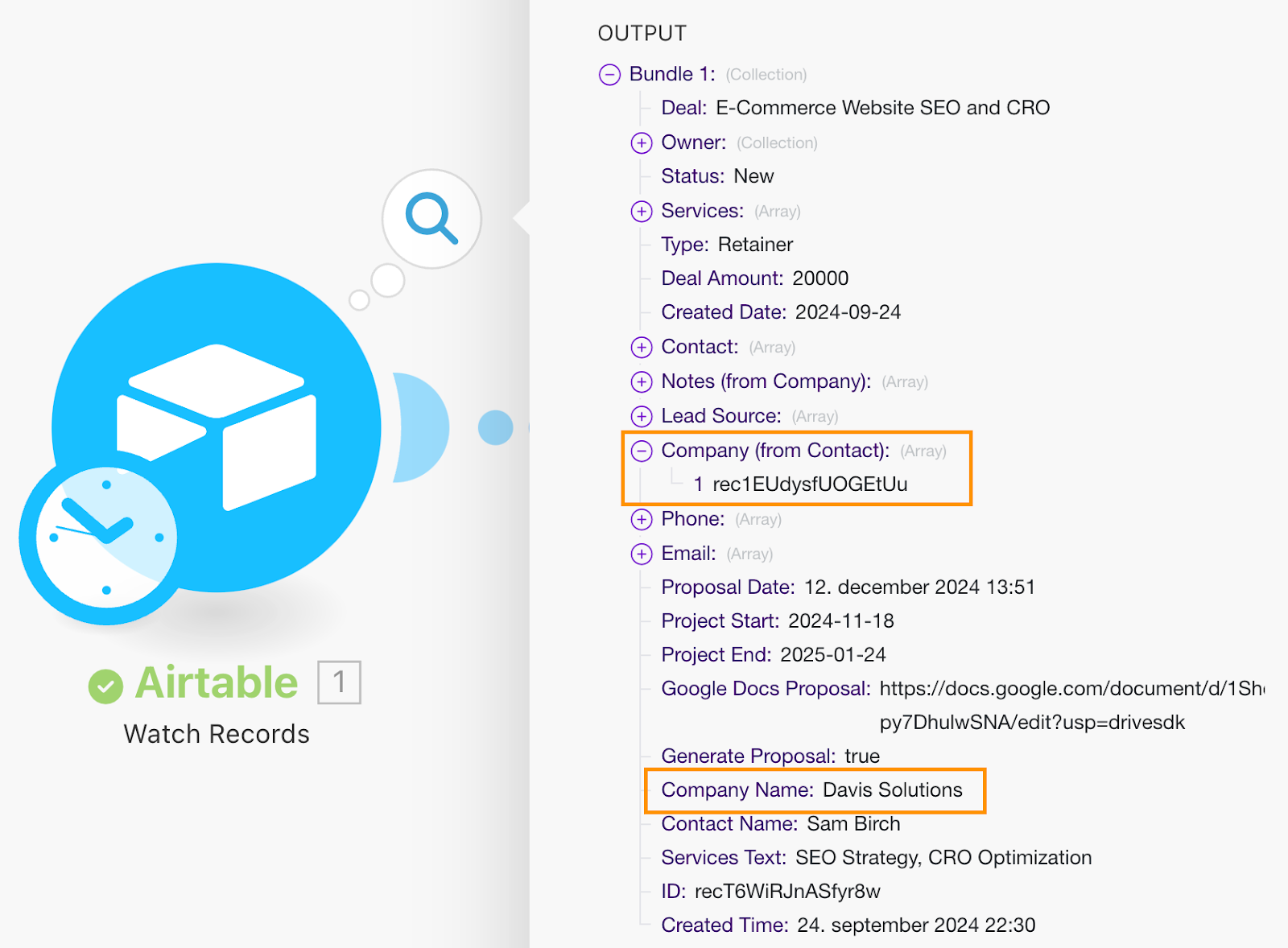 Airtable Watch Records data output list.
