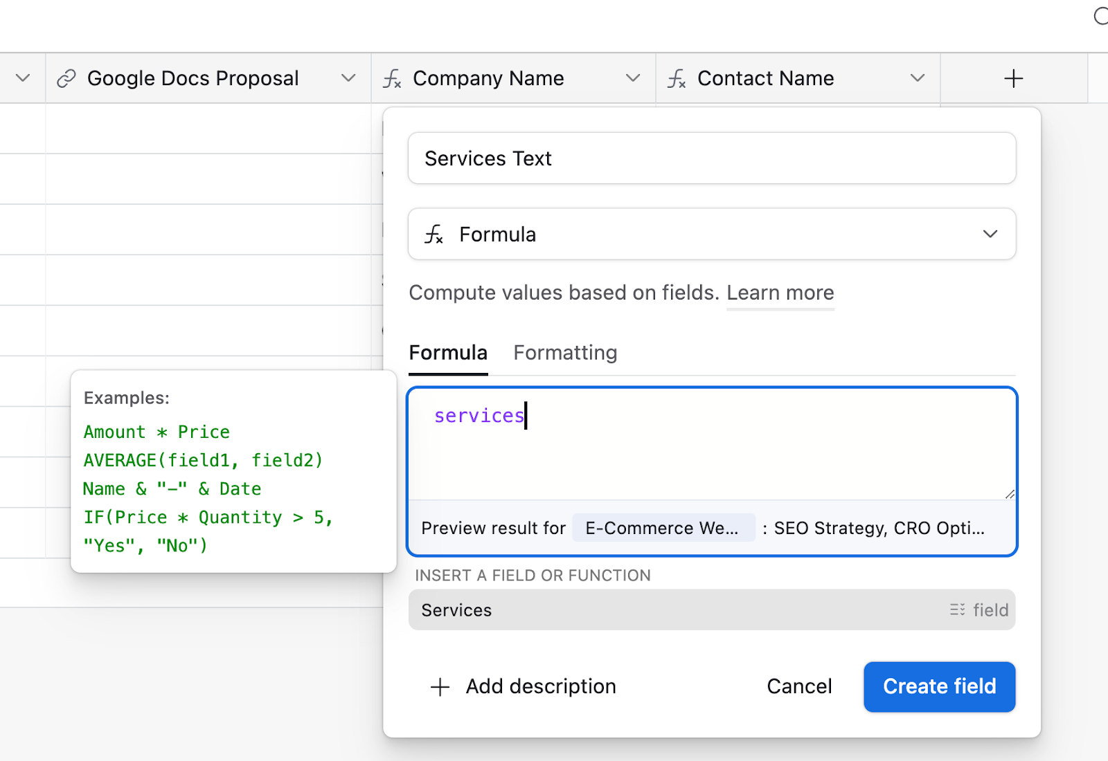 Using a formula to pull in a field from another base in Airtable.