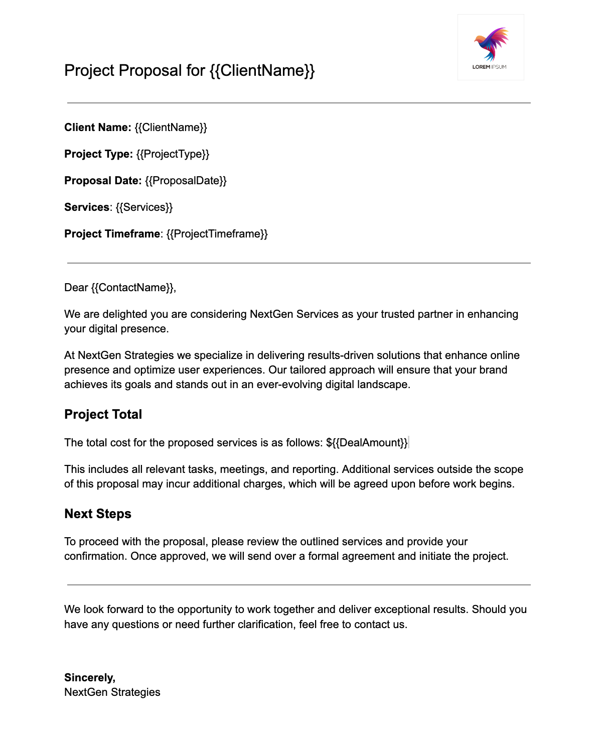 A Google Docs Project Proposal template using placeholders in order to be able to pull data in from Airtable.