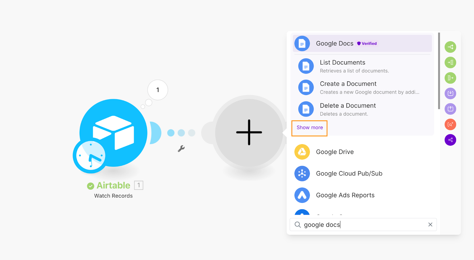 Airtable module with dialogue box showing list of Google Docs modules.