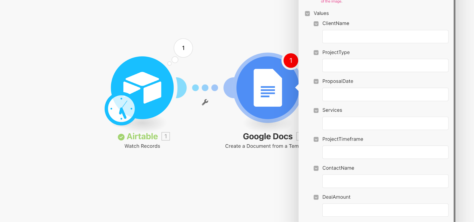 Dialogue box showing the Values section of the module configuration with Google Docs.