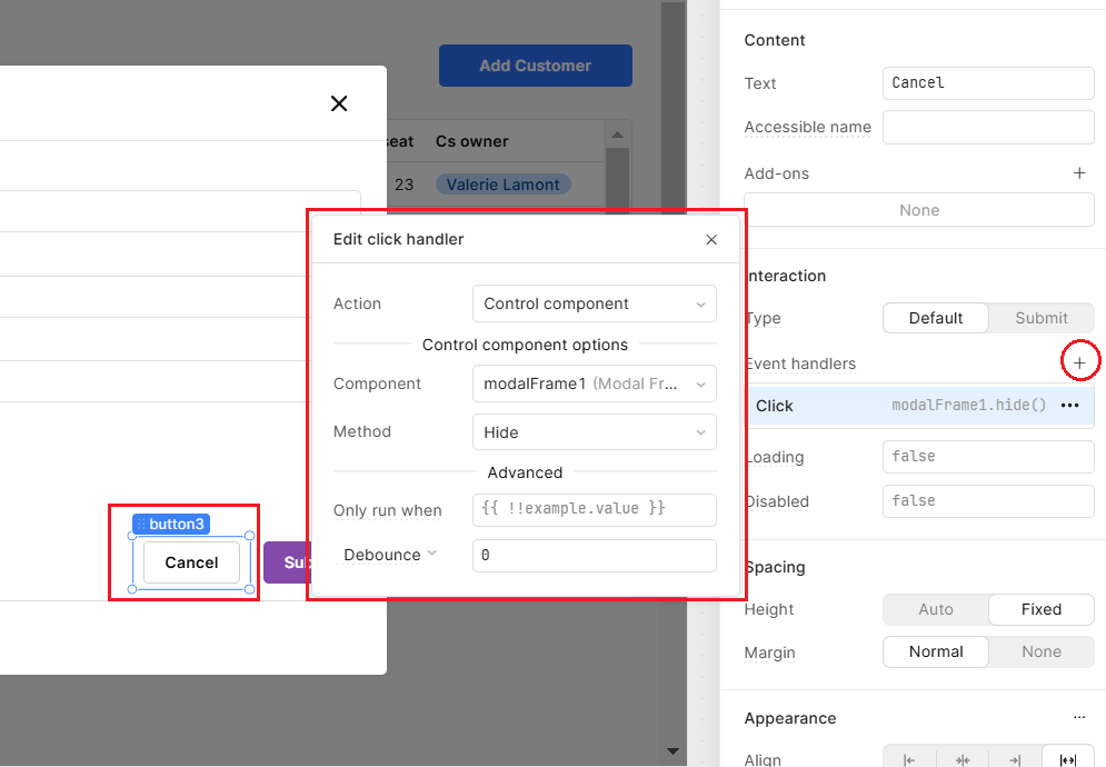 Using an event handler in Retool on a Cancel button to close a Modal.