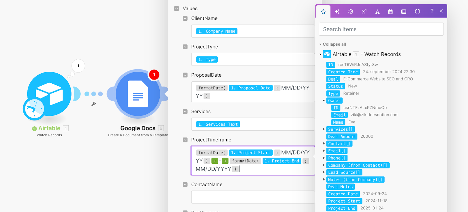 Using the + operator to join the Project Start Date and Project End Date in the ProjectTimeframe value picker.