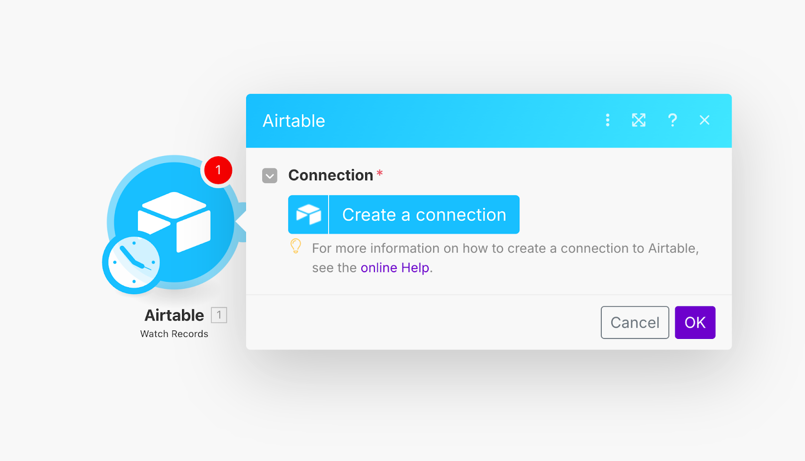 The dialogue box for creating a connection between Make and Airtable.
