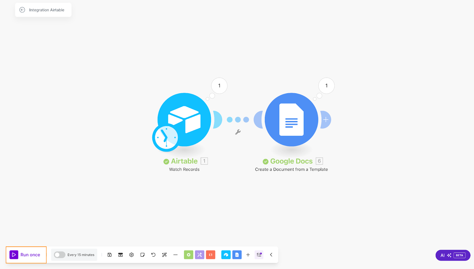 Make workspace showing a connection between Airtable and Google Docs and the Run options.