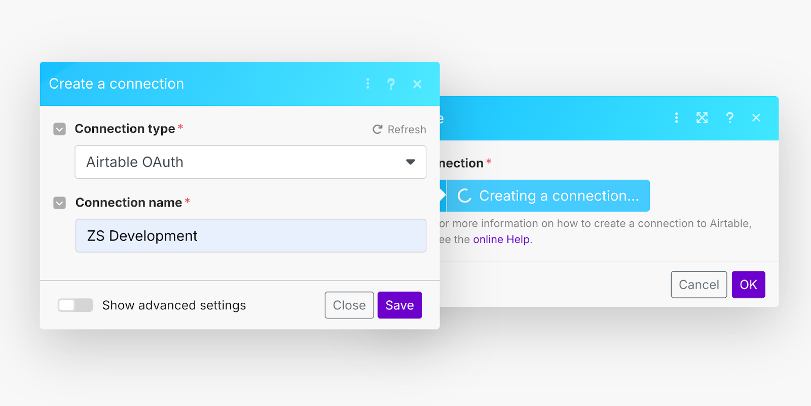 The Make scenario dialogue box for choosing connection type and connection name.
