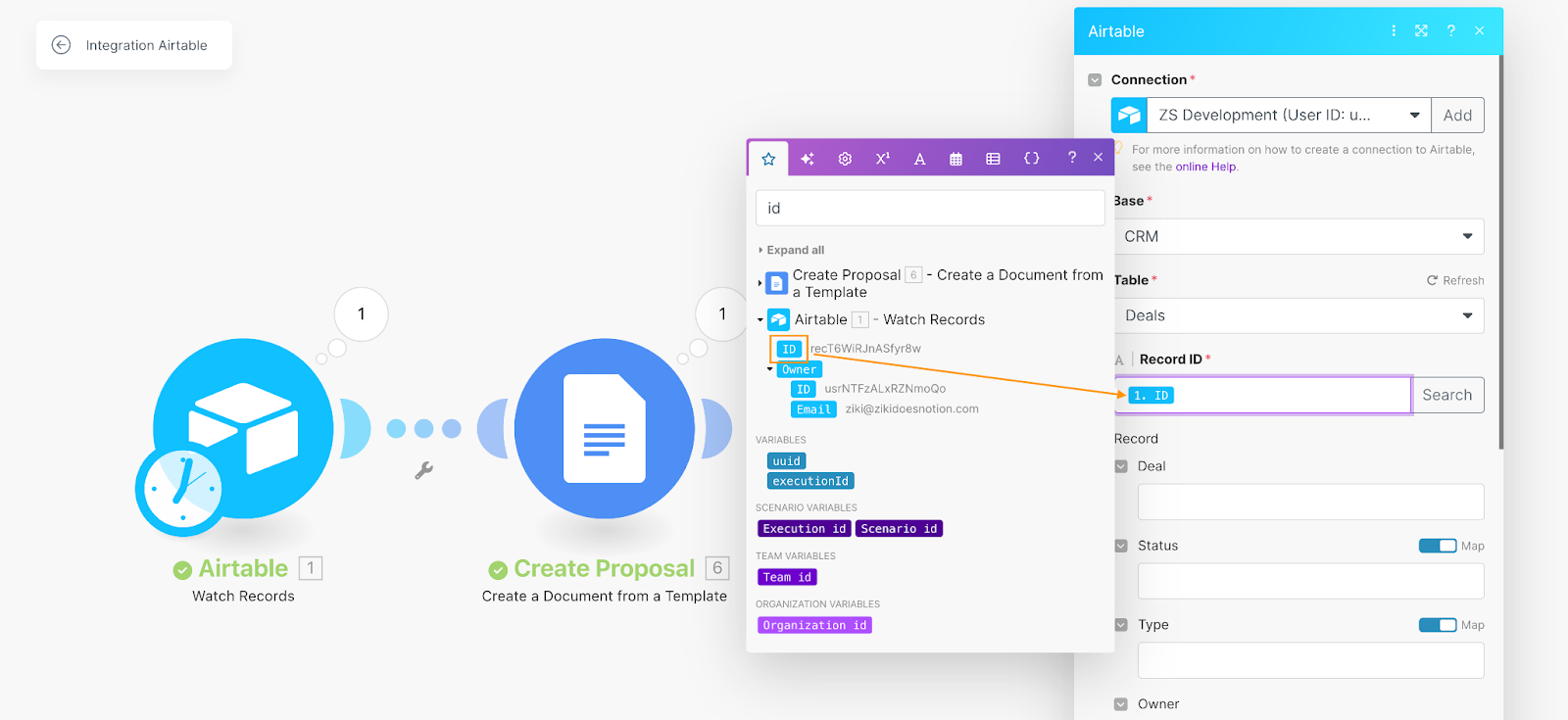 The Airtable Module settings form highlighting the Record ID field.
