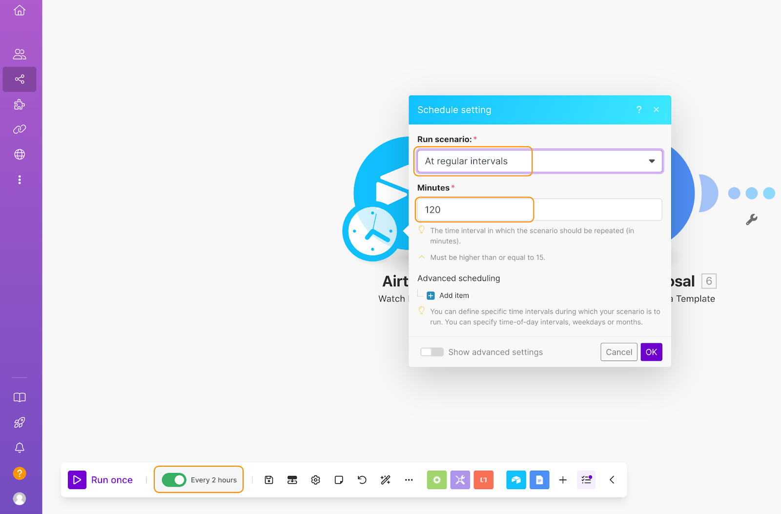 Make workspace showing the Schedule setting dialogue box, with values set At regular intervals and 120 minutes.