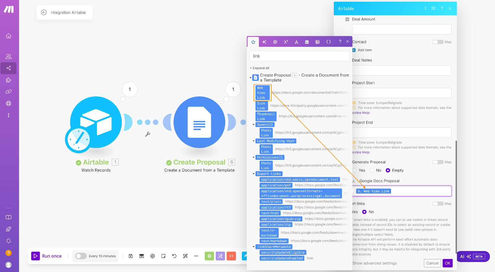 The value pickers for the Google Docs Proposal field in the Airtable Module settings form, highlighting the Web View Link.