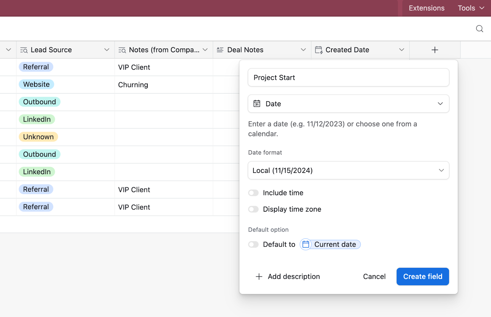 Make page for creating a project timeframe with the dialogue box for entering Project Start date information.