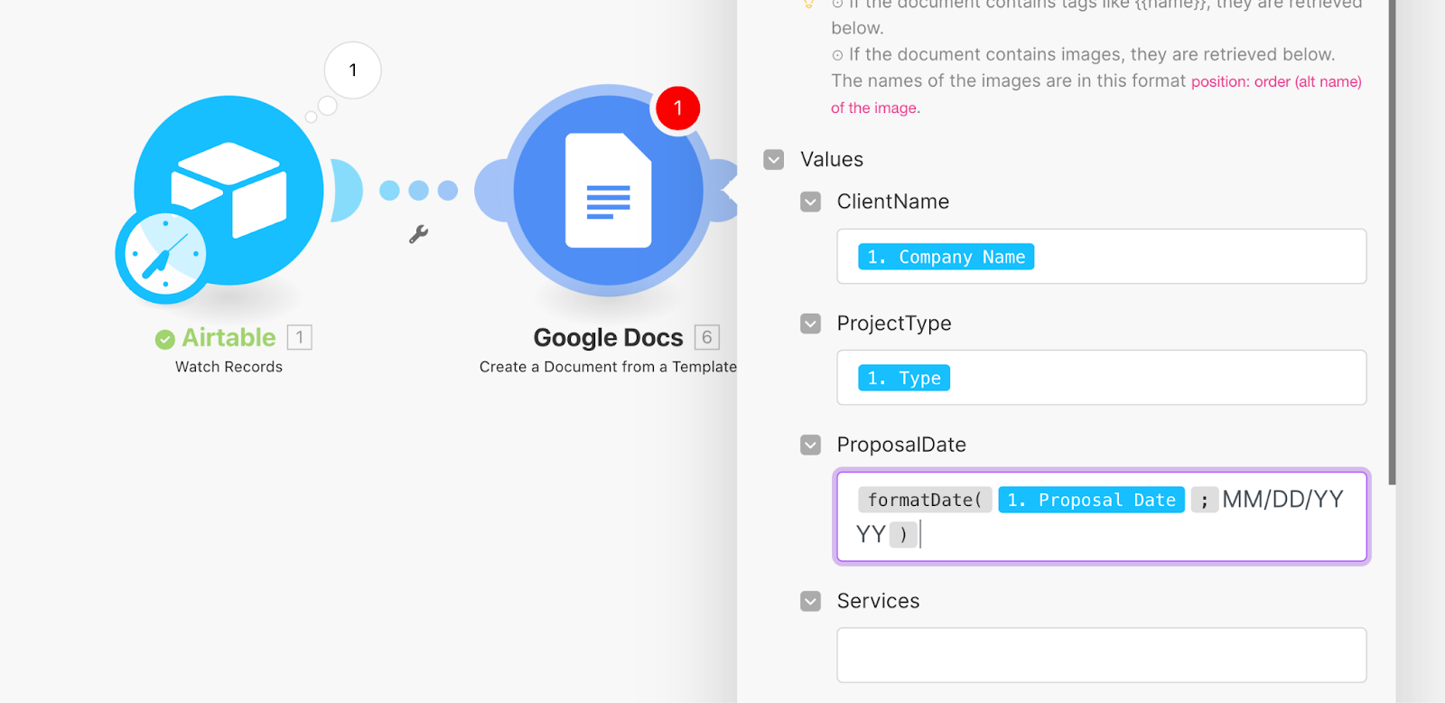 Mapping values from Airtable data, using formatting to change the data format for the ProposalDate field.