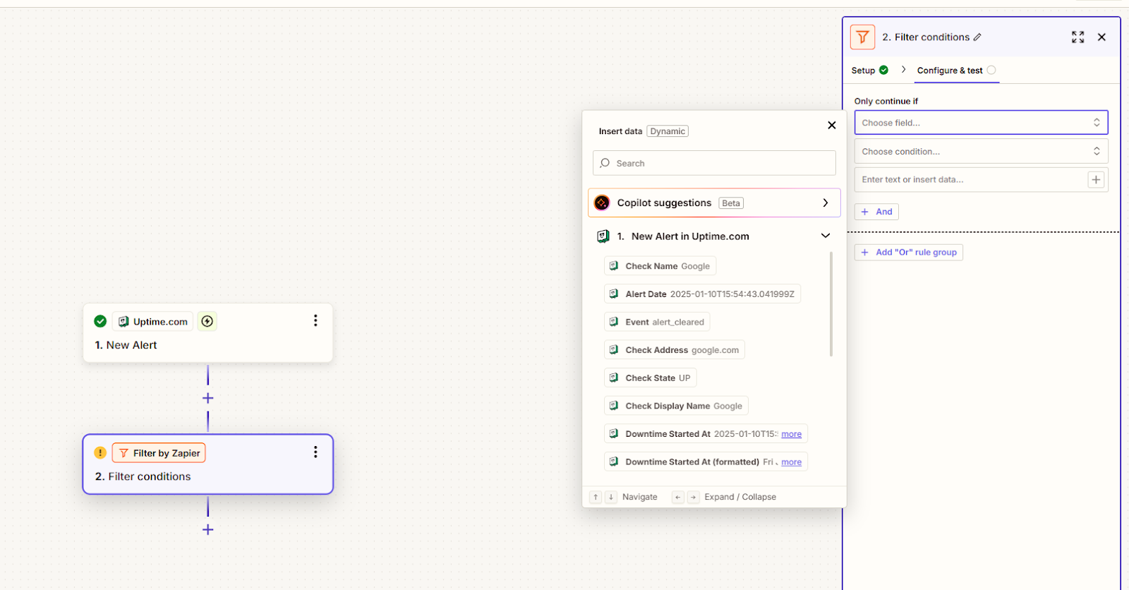 Zapier filter conditions for website status.