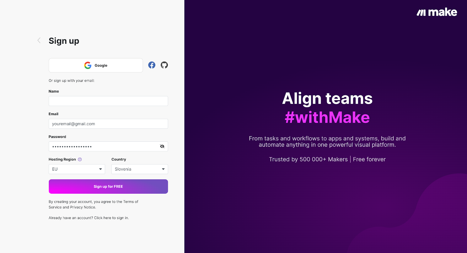 The Make sign-up form.
