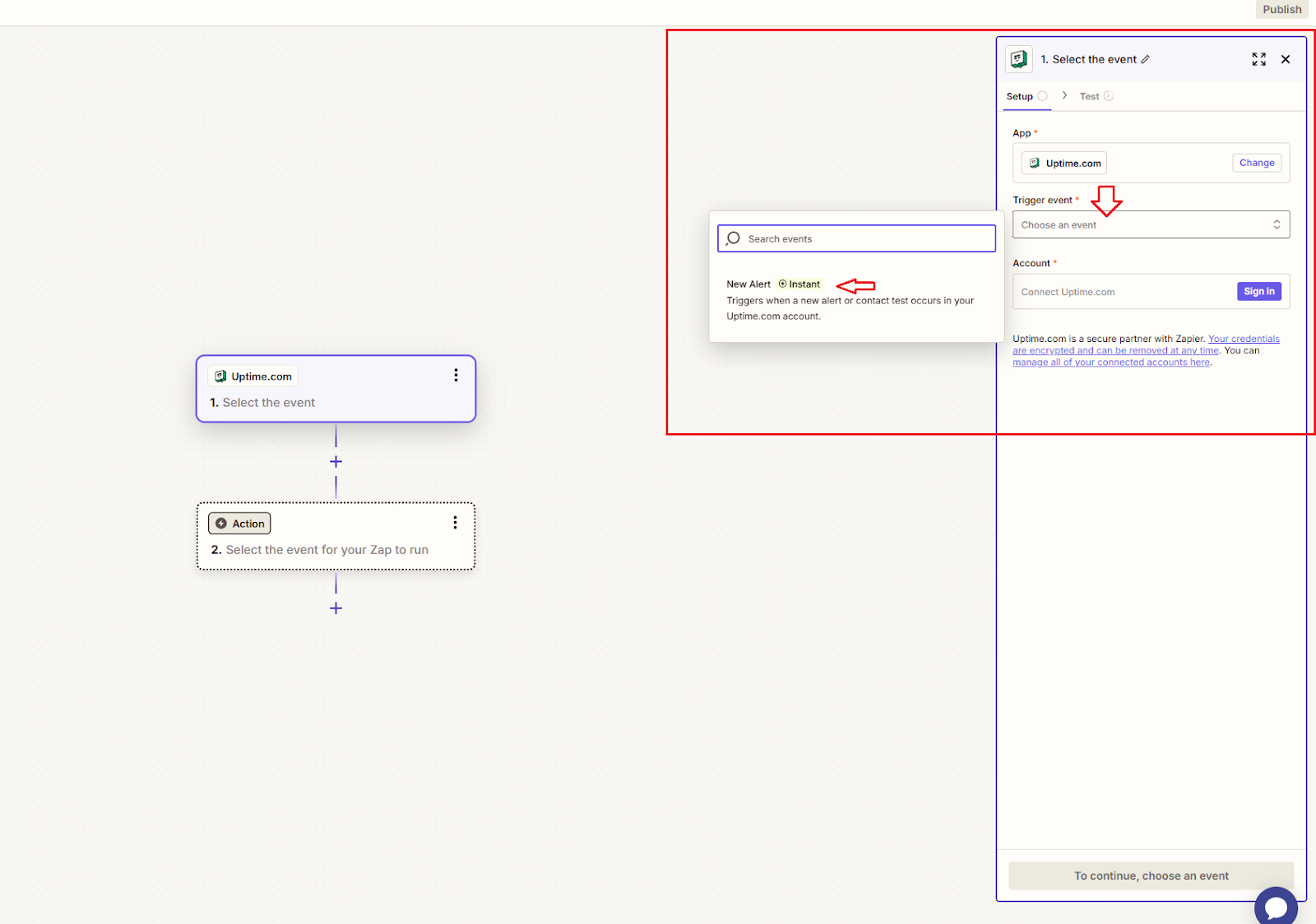New alerts trigger in the Zap editor.
