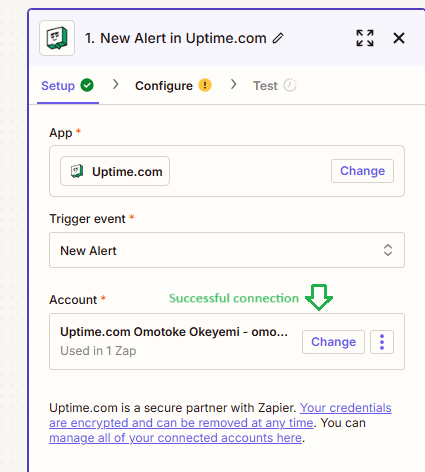 Zapier Uptime account section.