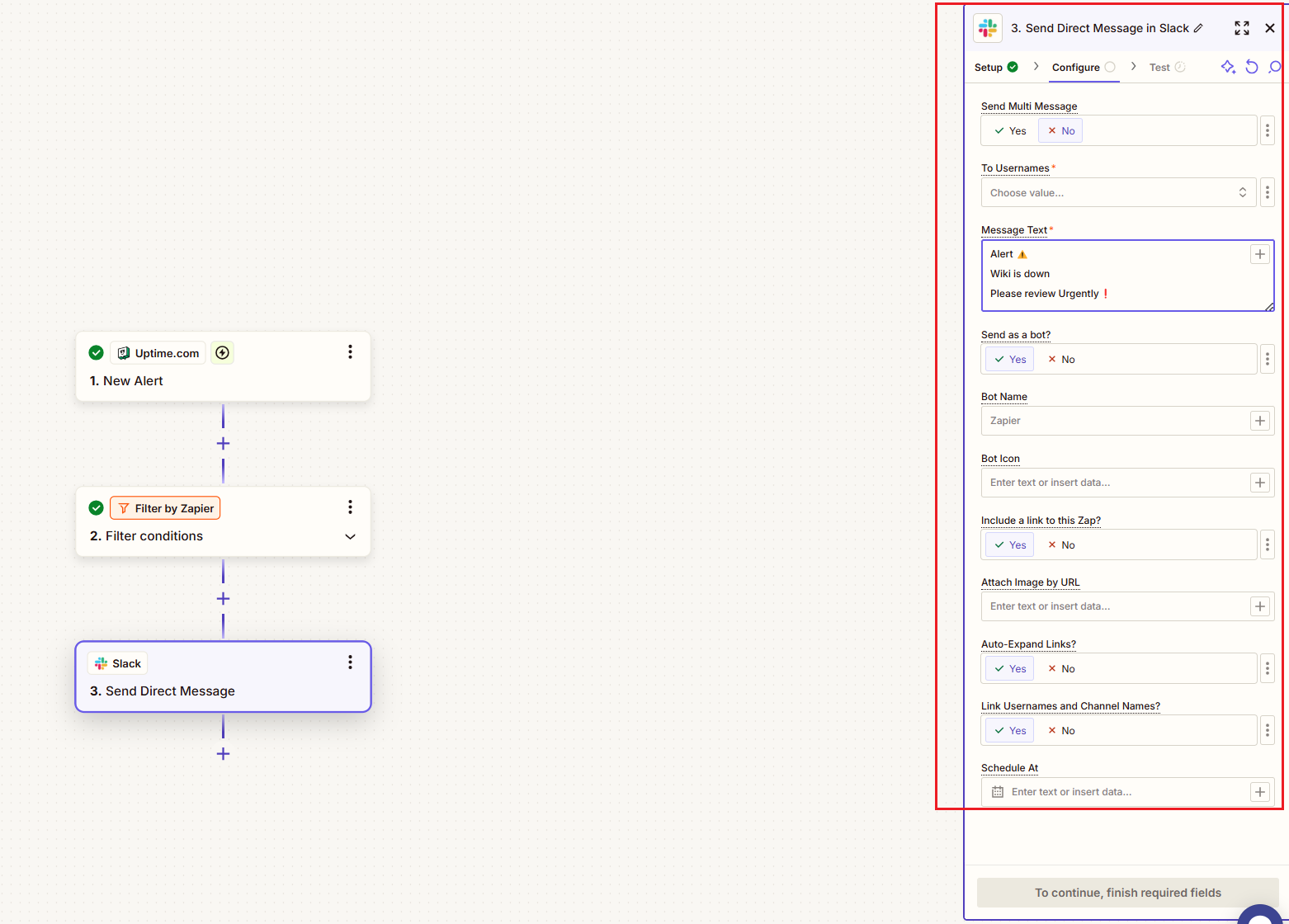 Sending a Slack DM from a Zapier sidebar.