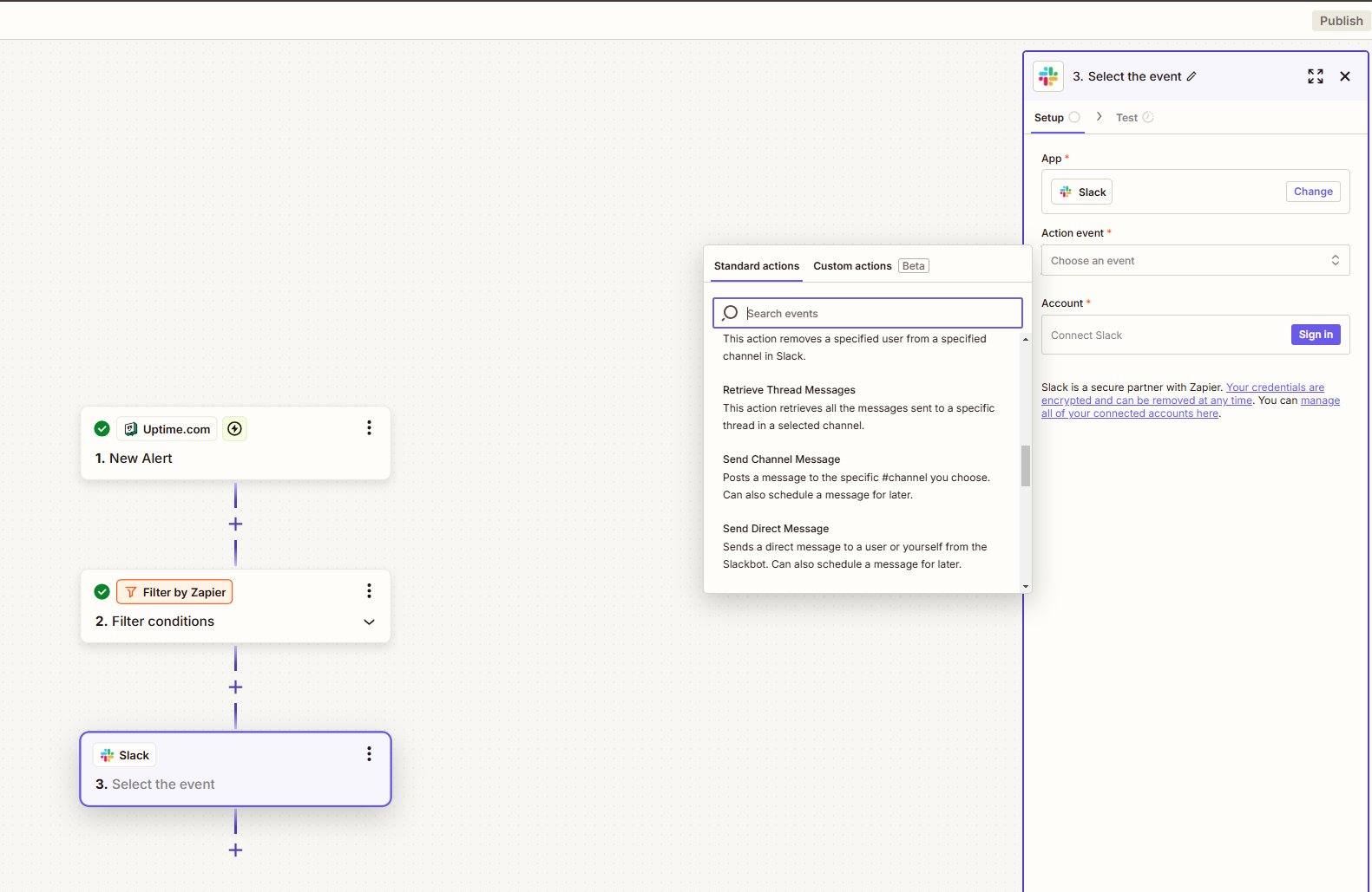 The setup for adding Slack as a step in a Zap workflow.