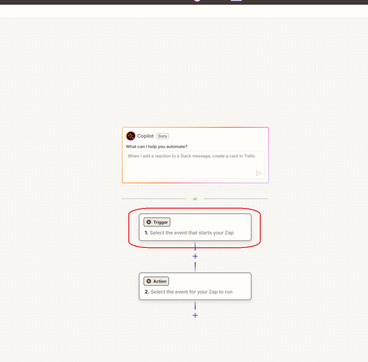 Zap editor page with the Trigger option highlighted.