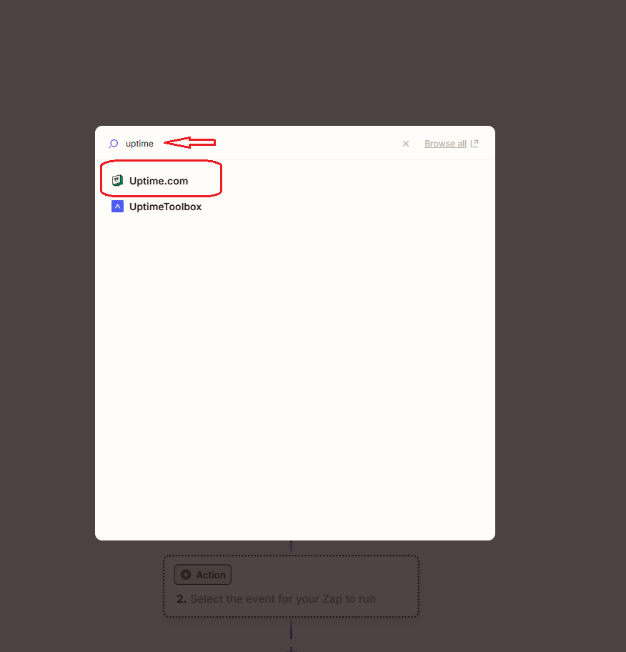 How to search and add a trigger within the Zap editor. Uptime.com is selected here.