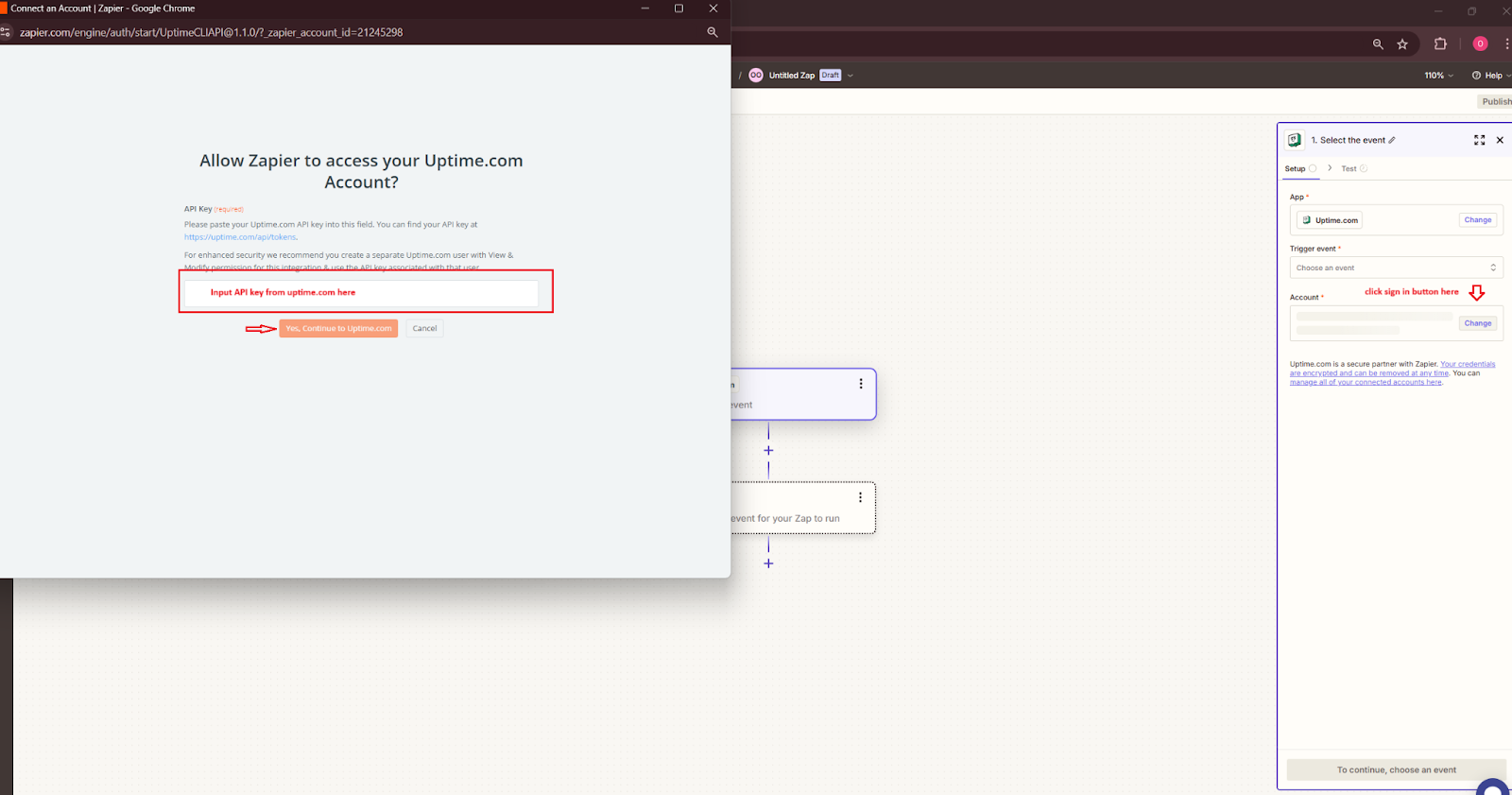 Zapier Uptime API connection.