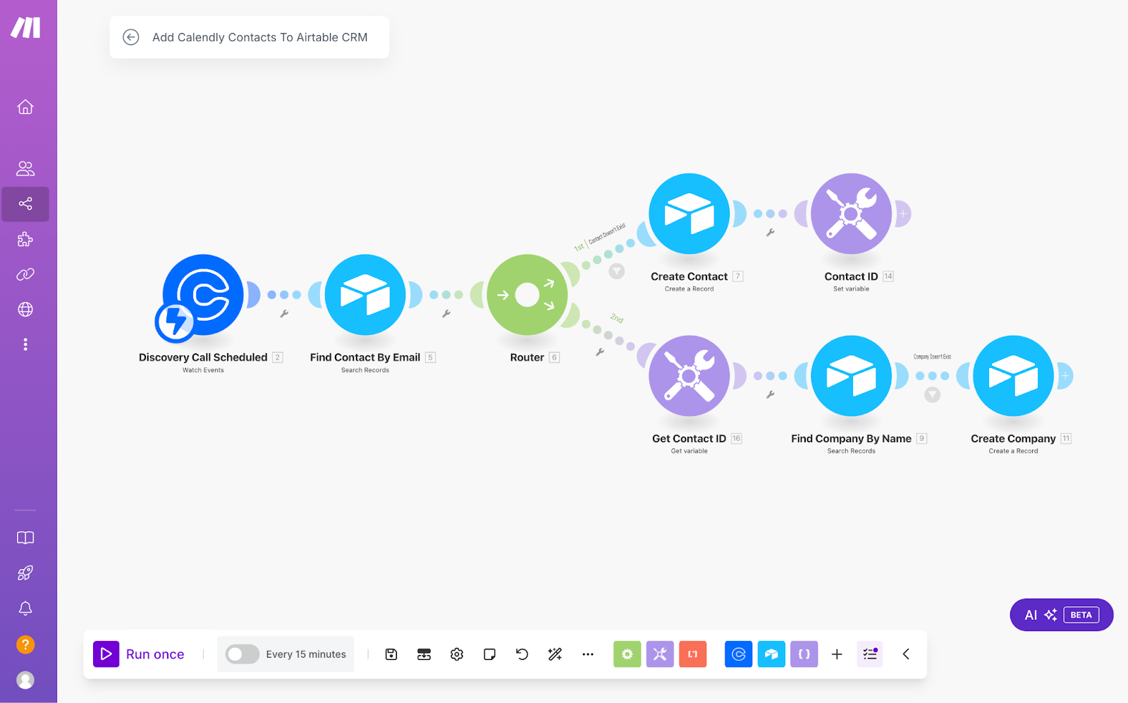 A Make scenario designed to add data from Calendly form submissions to an Airtable CRM.