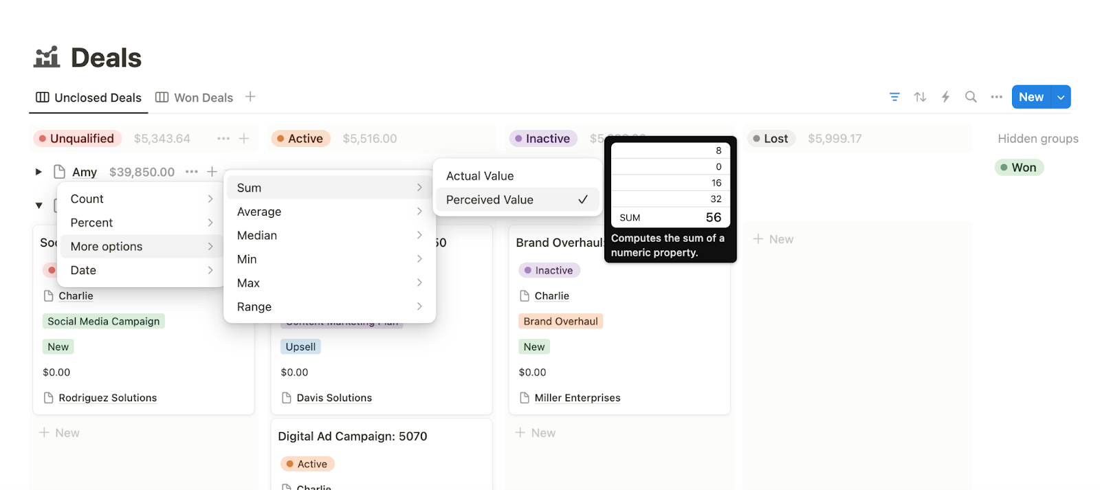 Calculation menus in a Notion database.