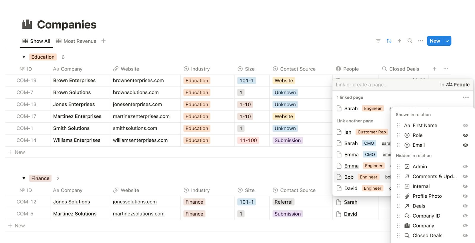 Connecting two databases (People and Company) in Notion using relations.
