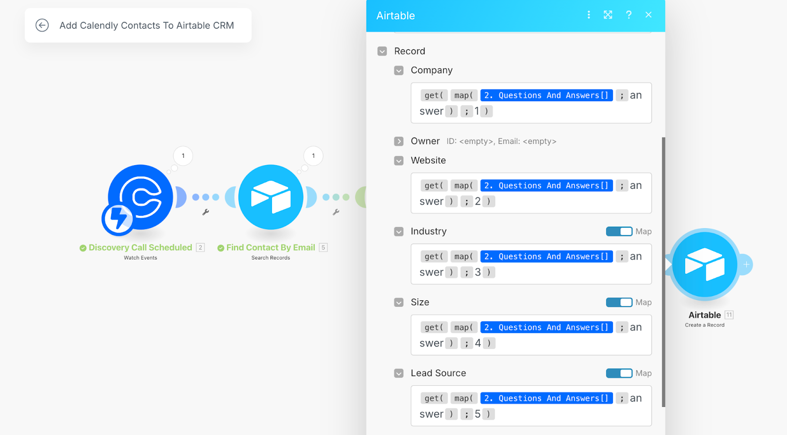 Dialogue box for a Create a Record module in Make listing all the records and their mapped fields.