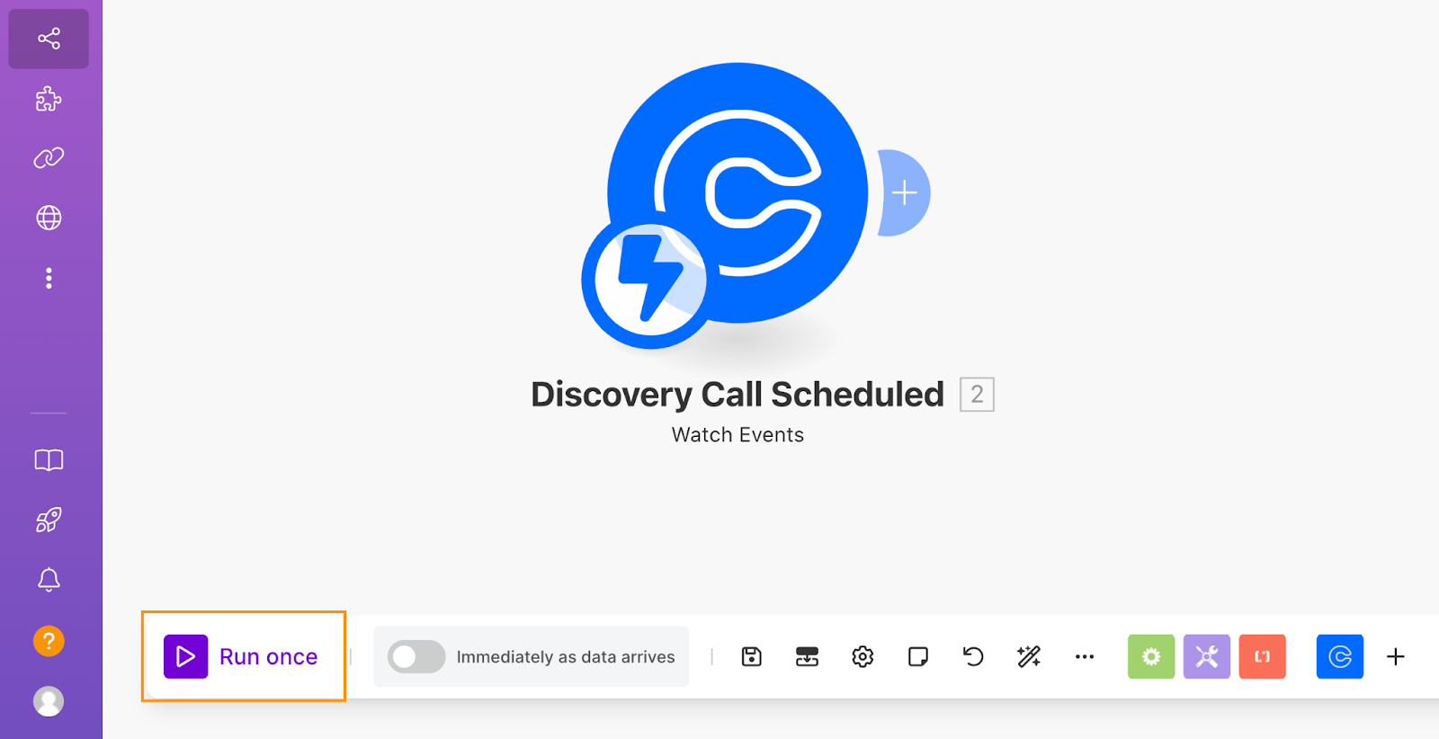 The Make Scenario Builder with a module entitled "Discovery Call Scheduled" and the Run once button highlighted.