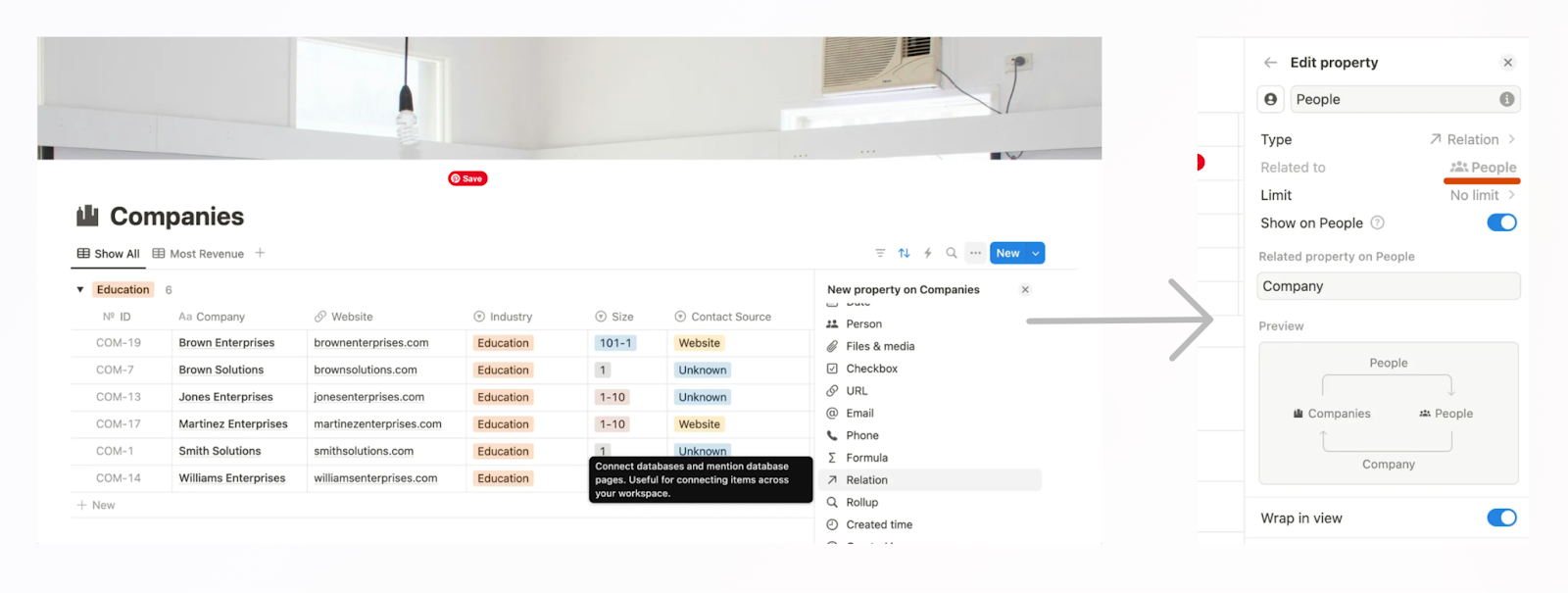 Creating a relational property between two databases in Notion.