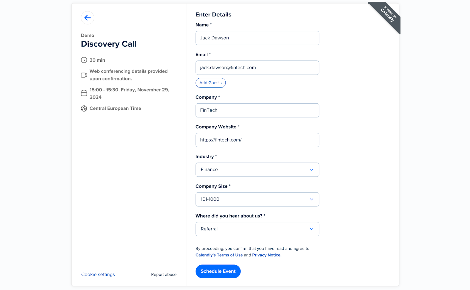 A Make scheduling link for a Calendly form populated with sample data.