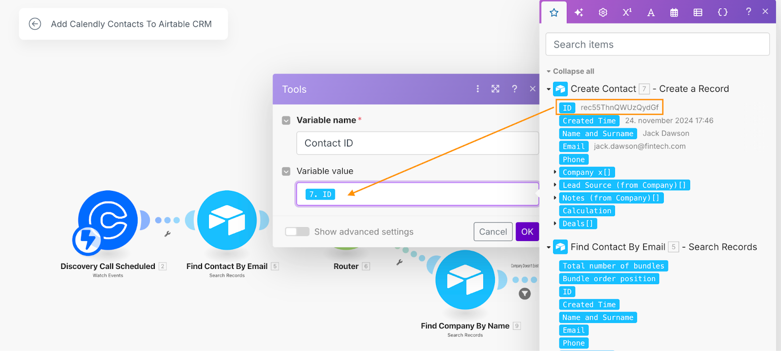 Dialogue box for a Set Variable module in Make and the list of available options for the Variable value.