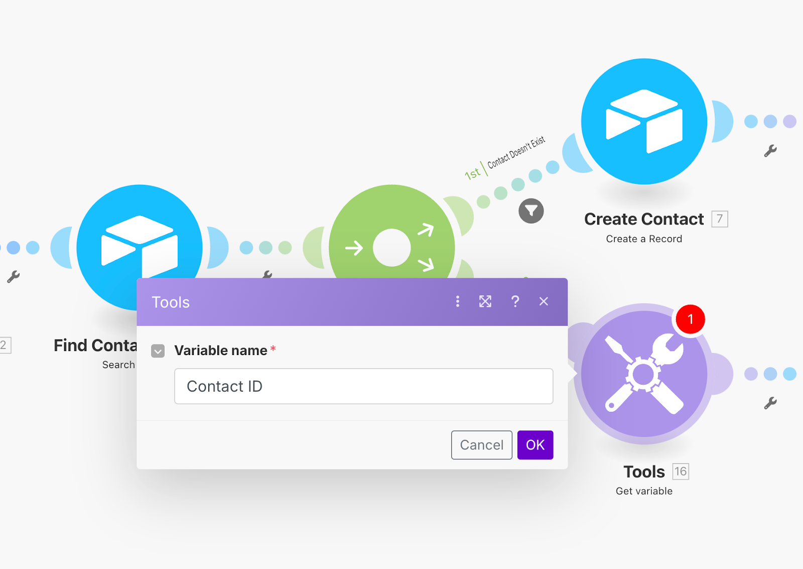 Dialogue box for a Get Variable module within a workflow in Make with Variable name as Contact ID.
