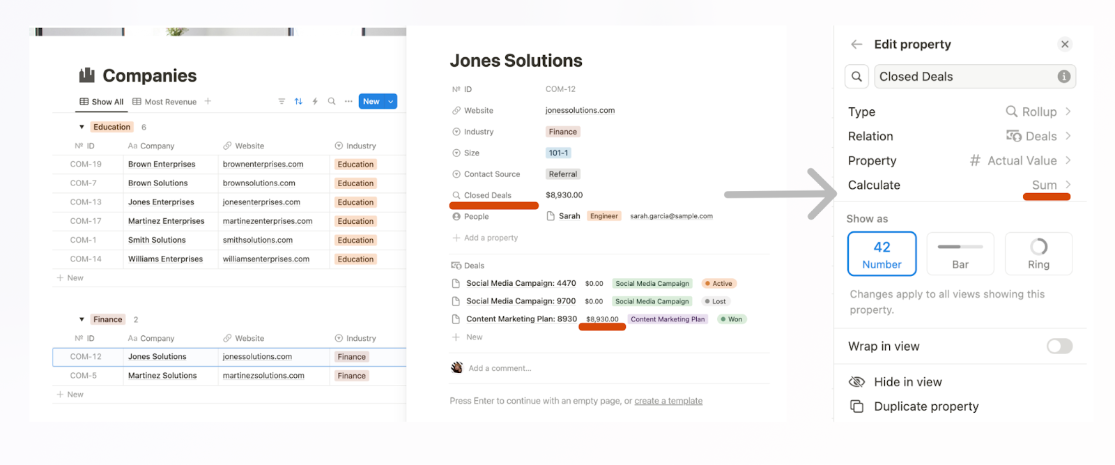 Using a rollup in Notion to calculate sums of all deals related to each company in a database and then using those sums to sort companies by revenue.
