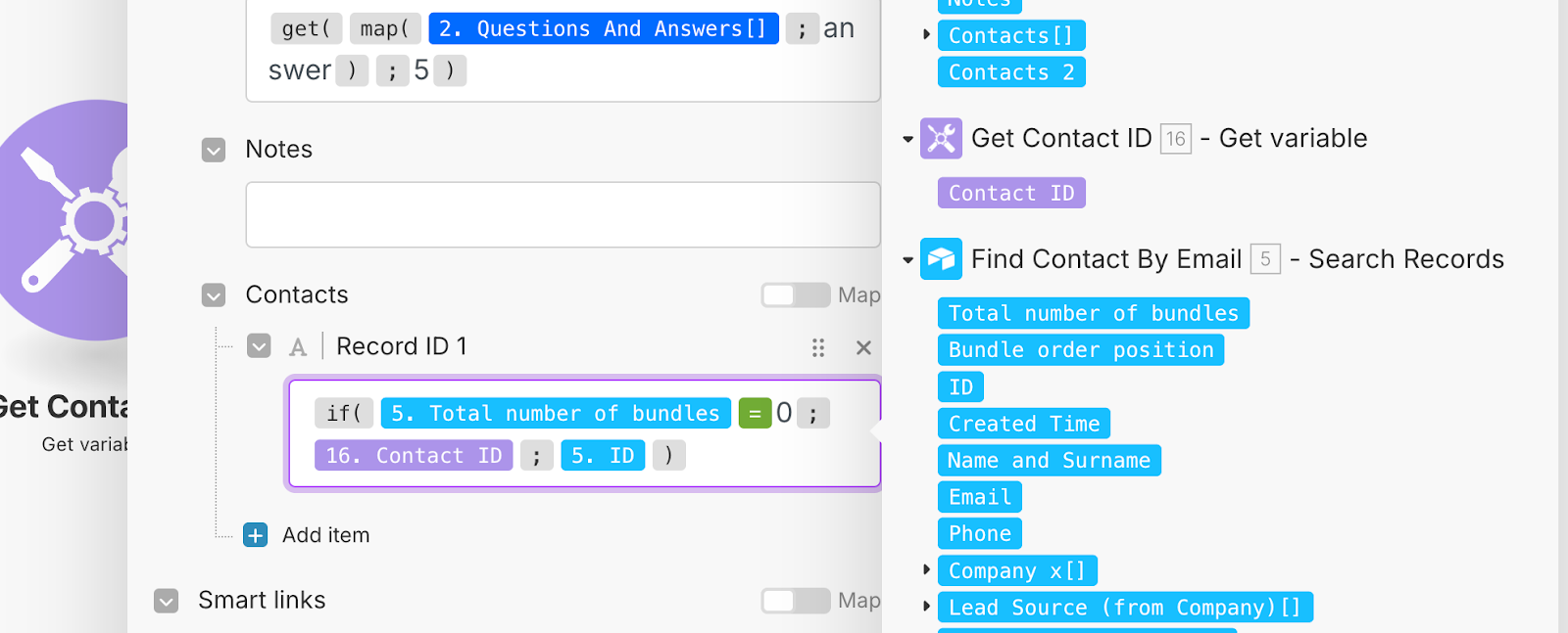 The Contacts section of a Create a Record module in Make with the following formula entered in the Record ID 1 value field: if( 5. Total number of bundles = 0; 16. Contact ID; 5. ID).