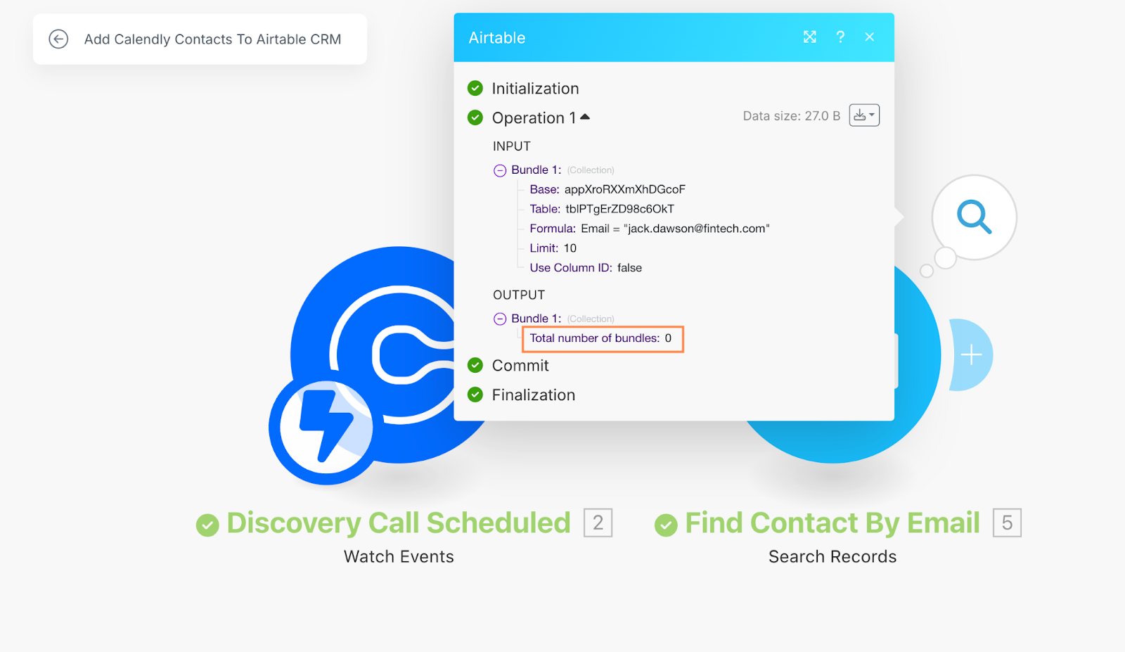 The output data from testing a connection between Calendly and Airtable in a Make scenario.