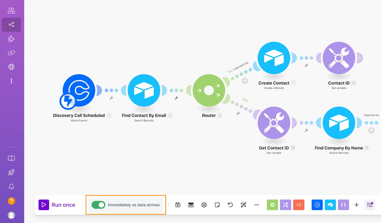 A Make automation for adding Calendly leads to an Airtable CRM, with automation on and set to execute Immediately as data arrives.