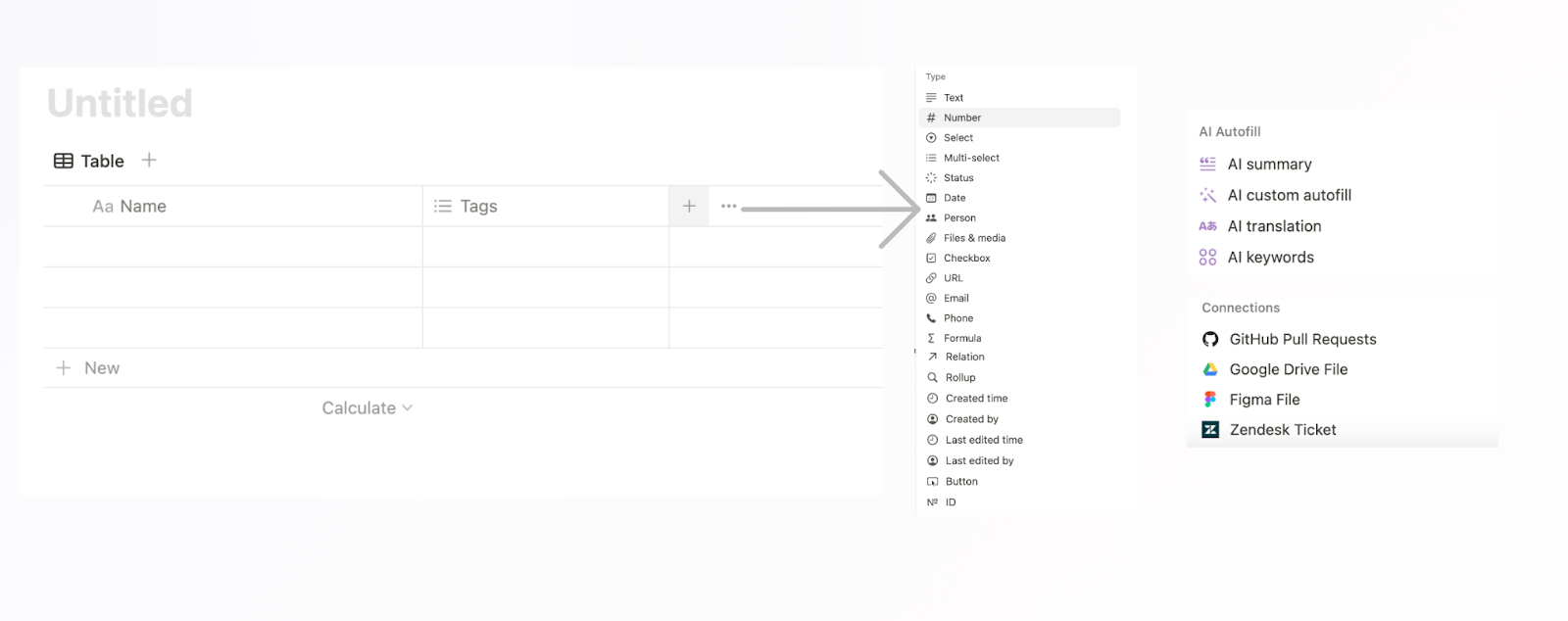 Notion database property types.