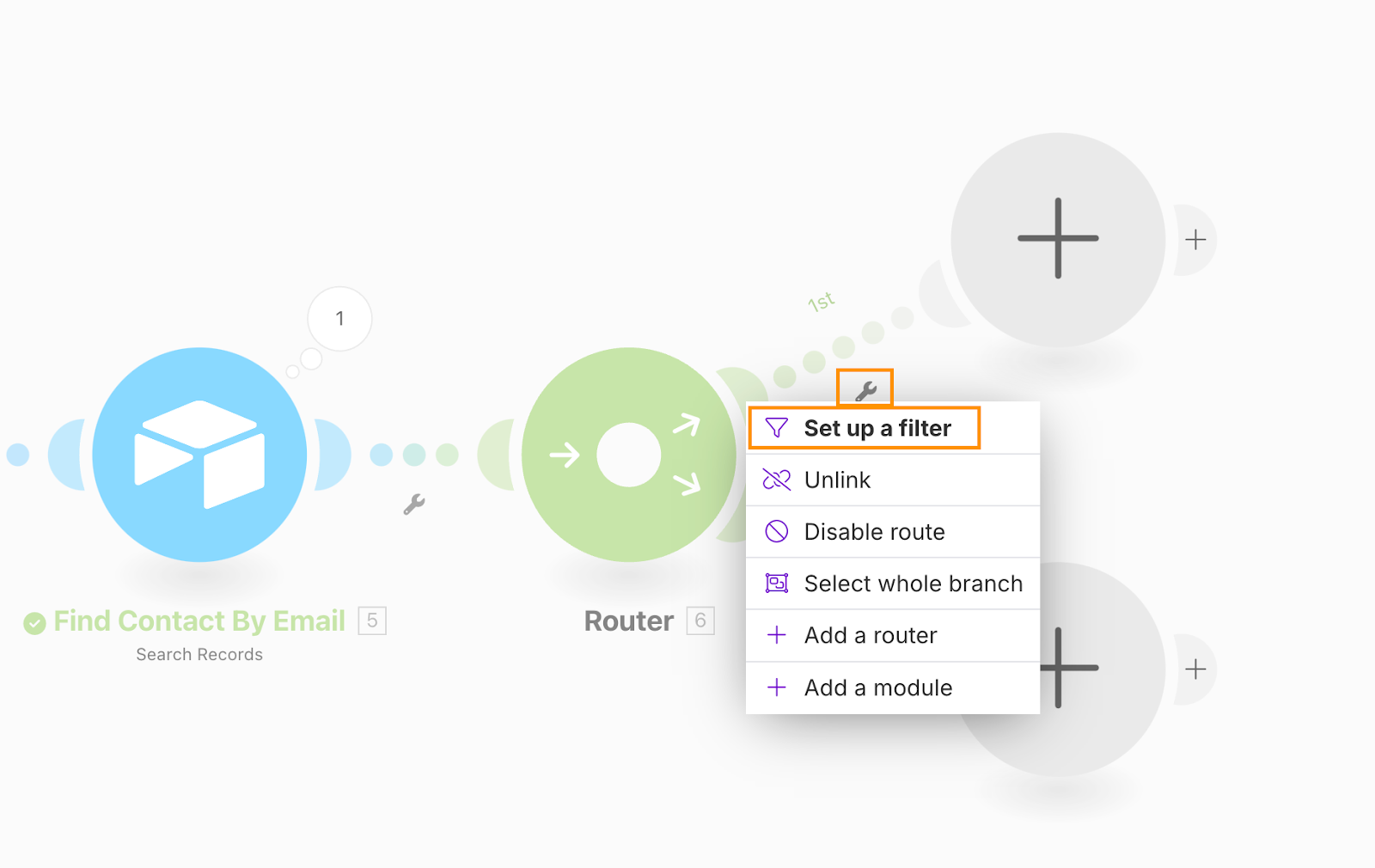 Setting up a route filter in a Make scenario.