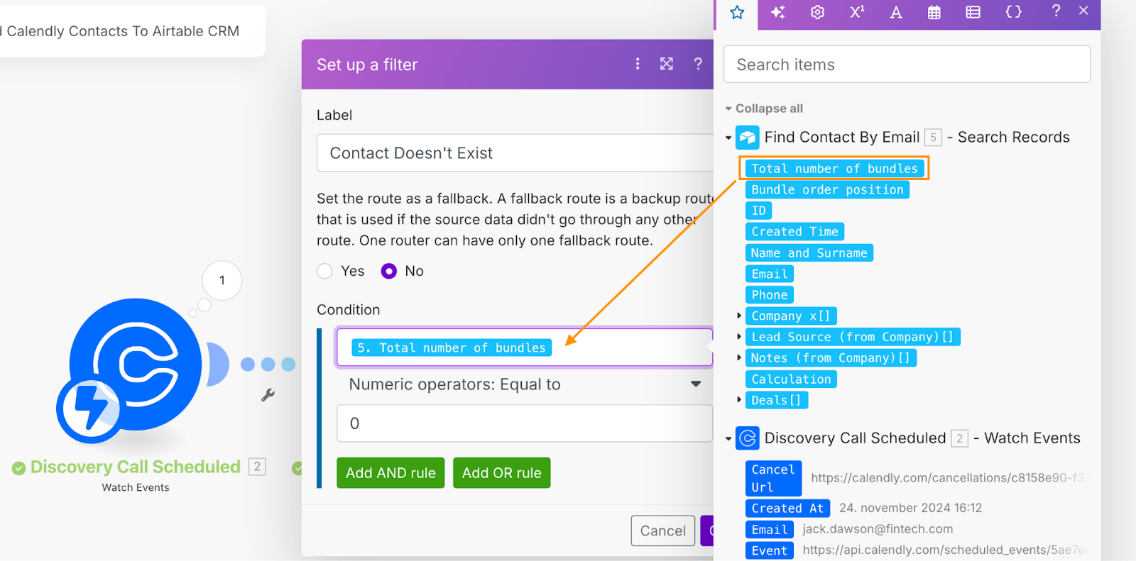 Dialogue boxes in Make for setting up a route filter and the condition for that route.