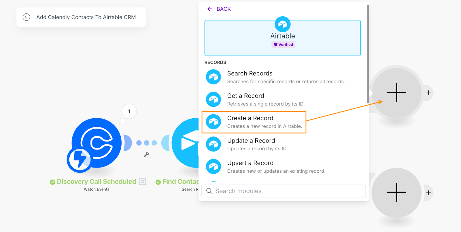 Adding a module to a Make scenario that will create a record in an Airtable CRM.