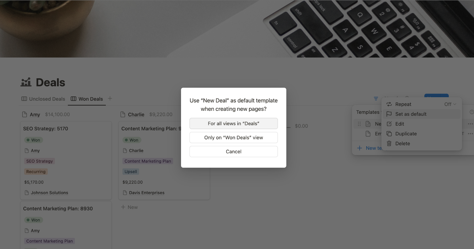 Creating a default database template in Notion.
