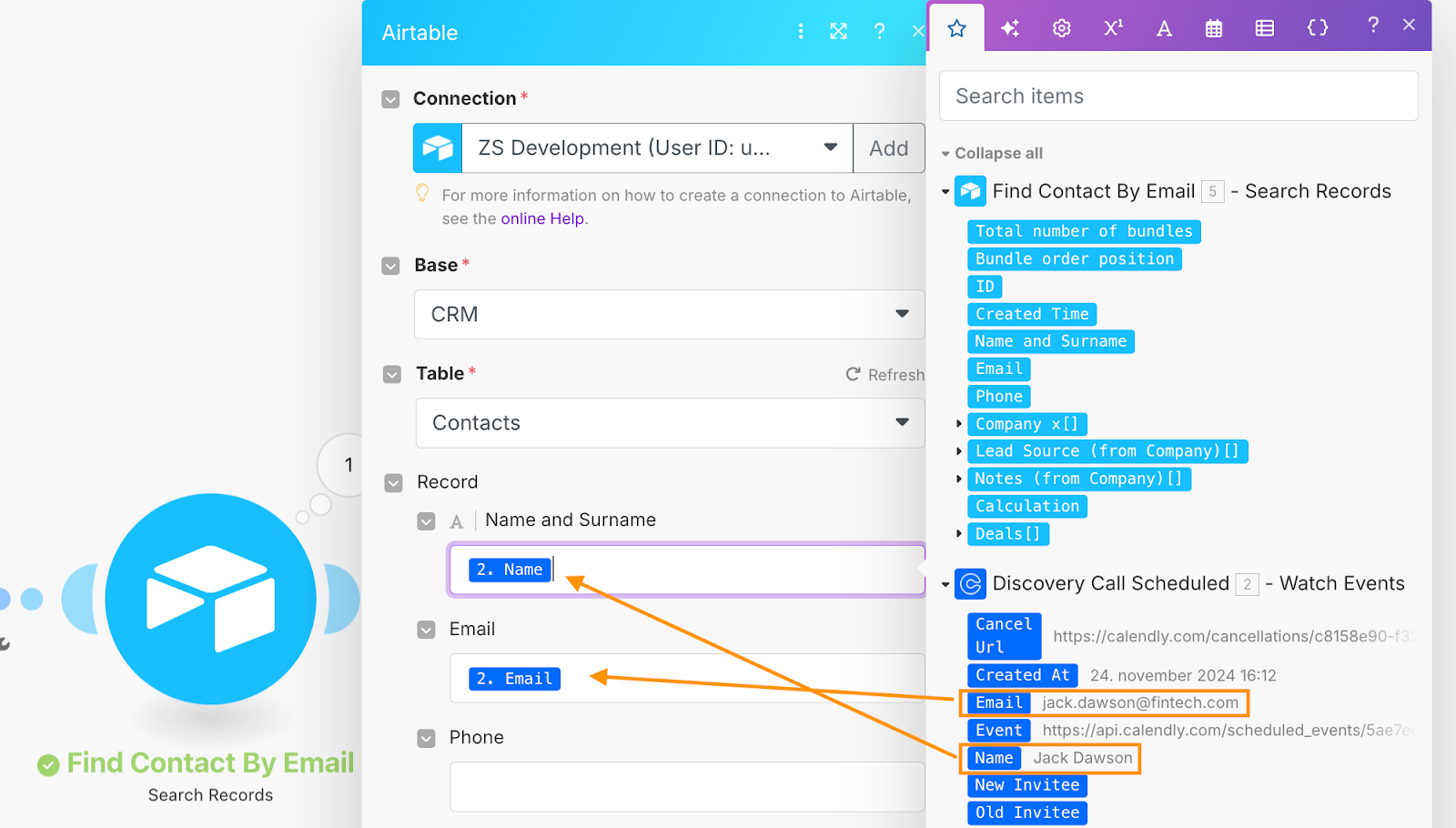 Example configuration settings for a module in a Make scenario that will create a record in an Airtable CRM.