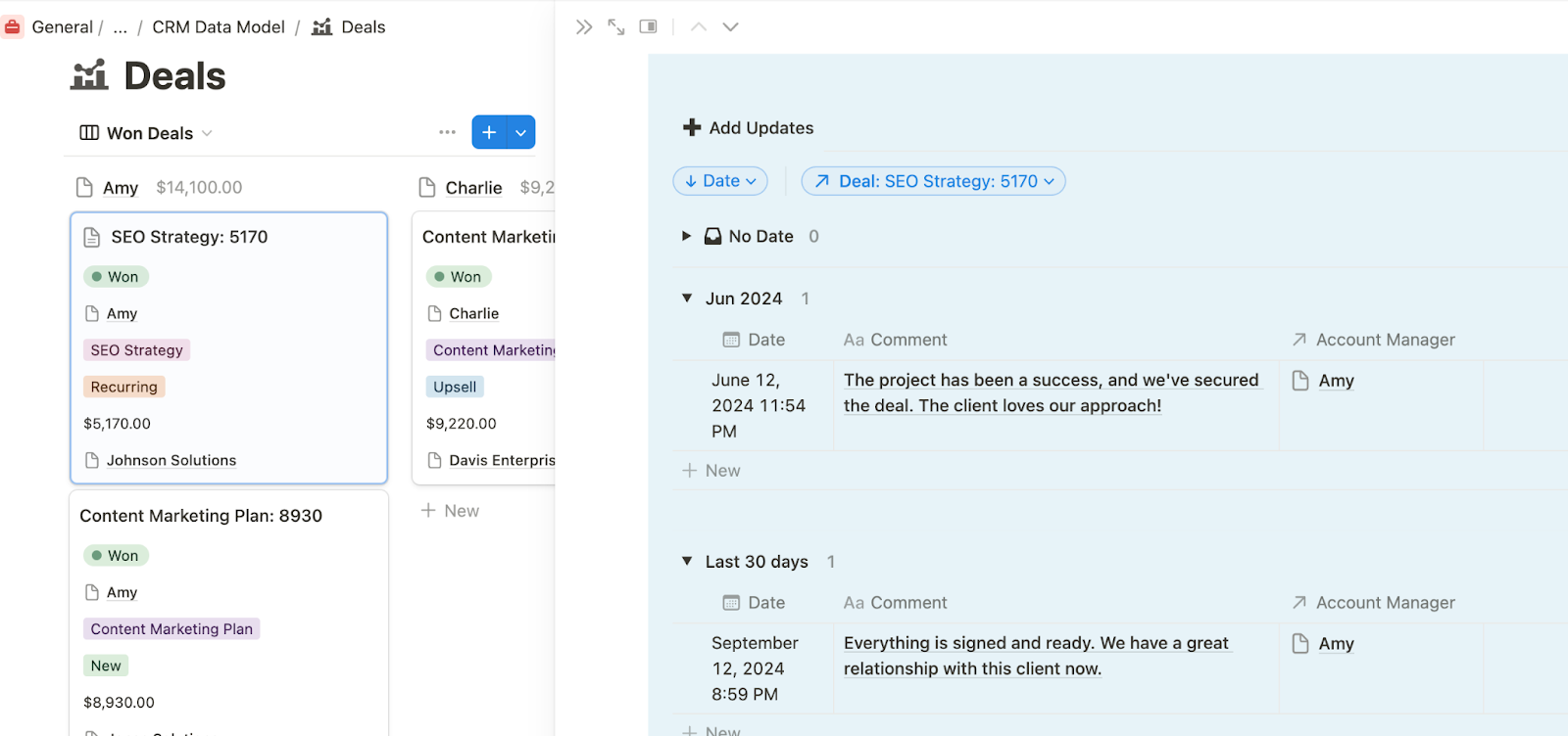 A self-referencing Notion database in action where updates are listed on a deal’s landing page.